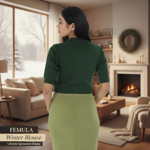 Image of Women Winter Wear V-Neck Half Sleeves Regular Fit Woollen Blouse