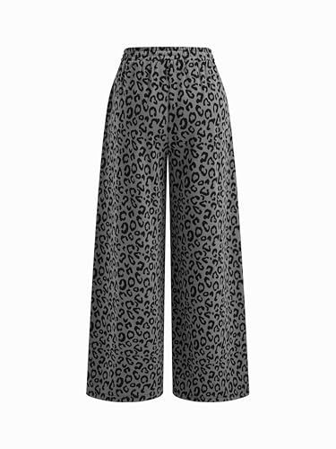 Image of CIDER Women Leopard Print Wide Leg Lounge Pants Sweatpants Elastic Waist Casual Trousers with Pockets