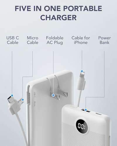 VRURC Portable Charger,Power Bank Built-in Cables and AC Wall Plug, USB C Portable Bank 10000mAh, Travel Essentials Phone Charger Compact External Battery Pack for Smart Phones, Tablets etc-White - Thumbnail 3