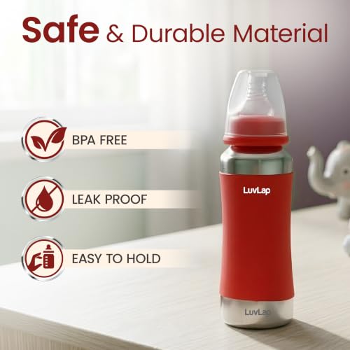 Image of LuvLap Baby Steel Feeding Bottle 240ml, Made of SS304 Rust Free Steel, Baby Milk /Water Bottle with Dust Cover, Heat Protective Silicone Cover, BPA Free, Odour Free, Leak Proof, Red, 0M+