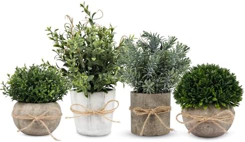 4 Pack Small Fake Plants, Artificial Plants Indoor for Home Decor, Small Faux Plants Indoor, Fake Plants in White Pot for Bathroom Bedroom Kitchen Office Farmhouse Room Shelf Decor