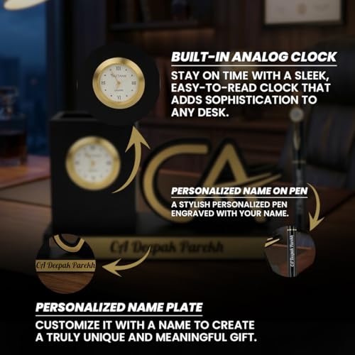 Image of Giftana 2 in 1 Personalized CA Desk Organizer with Pen Gift Set for Men and Women, Customized Pen Stand with Analog Clock, Customised Corporate Gift Set for Employee
