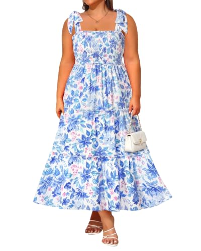 Image of Plus Size Summer Dress - Sun Boho Beach Casual Floral Tiered Smocked Long Maxi Dresses