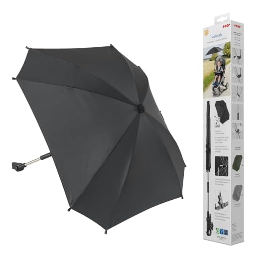 reer ShineSafe Kinderwagen-Sonnenschirm | UV-Schutz (UPF 80+) | universal passend für Kombi- & Sportwagen | Sonnenschutz mit Drehgelenk | aus 100% rPET-Pongee | Einfache Anbringung | Schwarz
