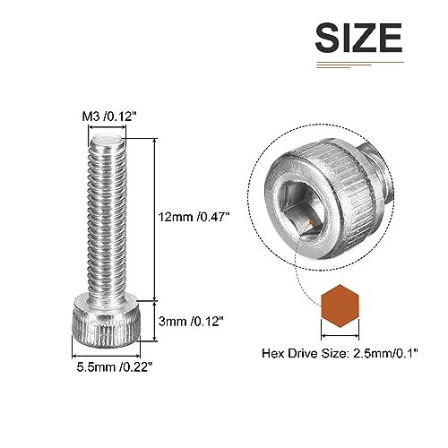 DTGN M3x12mm Socket Head Cap Screws Bolts, 100Pcs 304 Stainless Steel 18-8, Metric Machine Hex Socket Screw, Hex Drive - Image 2
