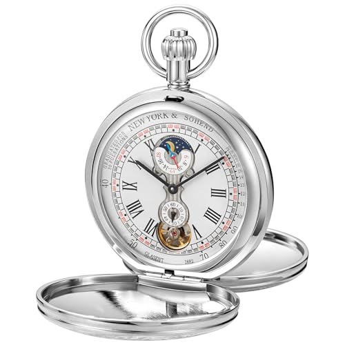 Image of Men's Mechanical Pocket Watch with Chain, Vintage Full Copper Hand-Wind Second&24hours Sub-dials Pocket Watches for Men with Box