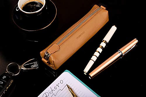 Image of DiLoro Leather Zippered Fountain Ballpoint Rollerball Pens and Pencils Case Holder Pouch Genuine Full Grain Soft Nappa Leather (Tan)