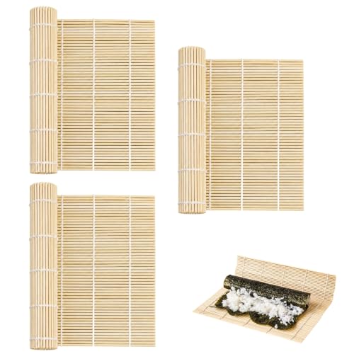 Esterilla Sushi, Alfombrilla de Bambú Natural para Maki Sushi, Kit para Hacer Sushi, 24x24 cm, 3 unidades