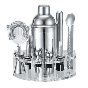 Bartender Kit Cocktail Shaker Set, Stainless Steel Cocktail Kit with 12 Piece Bar Accessories, 25oz Shaker Bar Set Drink Mixer Set with Stand Jigger Strainer Spoon Muddler for Cocktails (Silver)