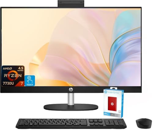 Image of HP 27 inch FHD Touchscreen All-in-One Desktop, AMD Ryzen 7 (Up to 4.5GHz), 64GB RAM, 2.5TB Storage (2TB PCIe+500GB External Drive), Wi-Fi 6, USB-C, Wireless KB & Mouse, Windows 11