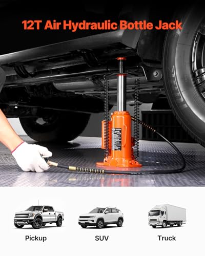 Image of VEVOR Air Hydraulic Bottle Jack, 12 Ton /26455 lbs Pneumatic Hydraulic Bottle Jack with 10.43''-19.88'' Lifting Range & Manual Hand Pump, for Pickup, Truck, RV, Auto Repair, Industrial Engineering