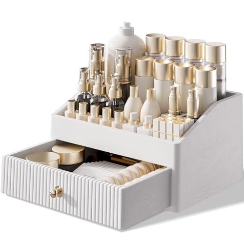 LADSTAG Makeup Organizer,Leather Skin Organizer with 1 Drawer&Tray,Luxury Beige White