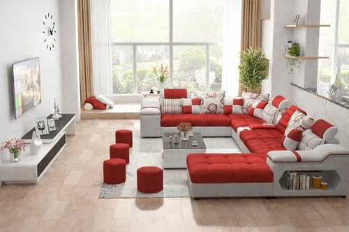 Image of Avion COMFORA U Shape 12 Seater Sofa Set for Living Room | Interchangeable U-Shaped Sectional Sofa Set with Cup Holder with 4 Puffy for Living Room & Office
