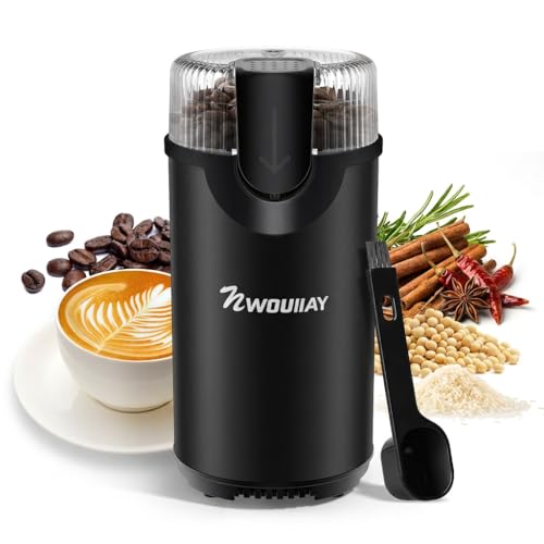 NWOUIIAY Kaffeemühle 300W Elektrische Kaffeemühle und Gewürzkapazität bis zu 100 g Kaffeebohnen Klingen aus rostfreiem Stahl 304 und geräuscharm für Kaffeebohnen Nüsse Gewürze Körner