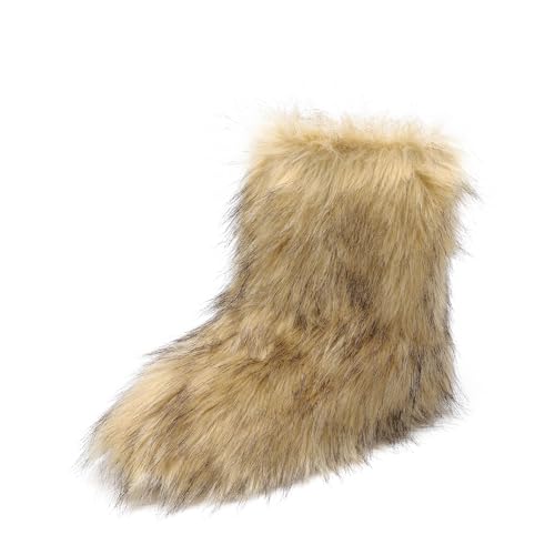 DREAM PAIRS Women's Faux Fur Boot Furry Snow Boot Mid Calf Boots Warm Flat Outsole Fur Lined Fashion Winter Boots FuzzyChic Fantasia,Size 7,Tan,SDSB2421W