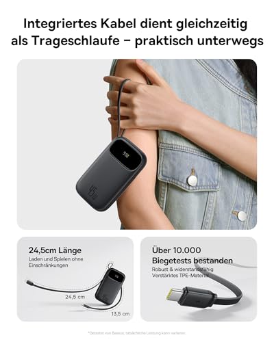 Baseus QPow3 Powerbank 45W 20000mAh mit 2 integriertem USB-C Kabel, Power Bank PD3.0 QC4.0, 3 USB C und 1 USB A, LED Display Schnellladefunktion für iPhone 16/15/14 Pro Max, iPad, Galaxy, Schwarz – Bild 5