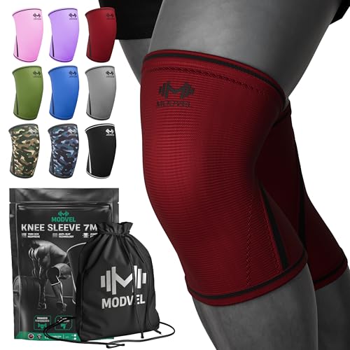 Image of Modvel 7mm Neoprene Knee Sleeves for Men & Women Weightlifting & Powerlifting - Compression Knee Sleeve Support for Squats, Gym, Training - USPA, IPL Approved - Large Red (Pair)