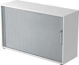 Bümö Aktenschrank abschließbar mit Rollladen, Rollladenschrank für Ordner & Co. - Büroschrank mit Rollo, abschließbarer Ordnerschrank aus Holz in Weiß/Silber mit Relinggriff