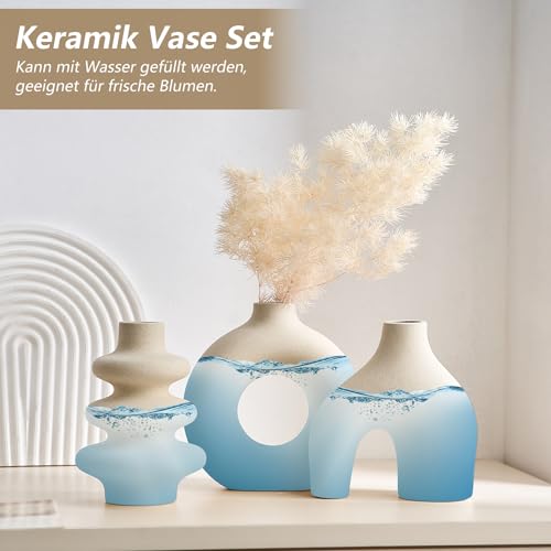 Weiße Keramikvase Satz von 3, kleine Blumenvasen für Pampasgras, Moderne Boho Vasen für Dekor, runde weiße Vasen Mittelstücke für Hochzeit Wohnzimmer Schlafzimmer Couchtisch Eingang – Bild 6