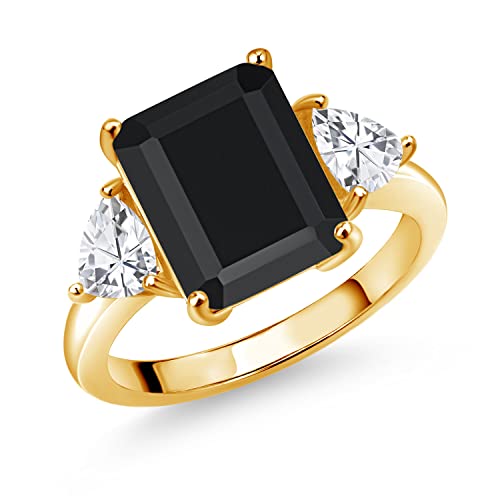 Gem Stone King 5-7 Cttw Gemstone Birthstone 3-Stone Ring For Women In 18K Yellow Gold Plated Silver | Emerald Cut 12X10MM | Trillion 5X5MM | Wedding Anniversary Promise Ring | Sizes 5, 6, 7, 8, 9