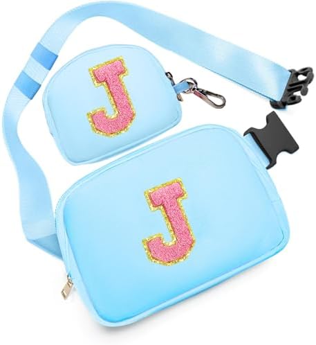 Birthday Gifts for 4 5 6 7 8 9 10 11 12 13 Year Old Girls, Crossbody Bags Fanny Pack with Initial Letter Patch Cute Stuff for Women Girls Teens (J, Blue)