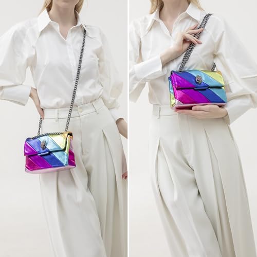 Image of Rejolly Rainbow Stripe Crossbody Shoulder Bag for Women Color Blocking PU Leather Colourful Purse with Chain Strap | PU Leather, with Chain Strap