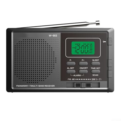 Radio portátil, radio DSP de banda completa FM/AM/SW, funciona con pilas, con interfaz de antena de auriculares, tiempo de suspensión y reloj despertador, altavoz grande, para el hogar y exteriores