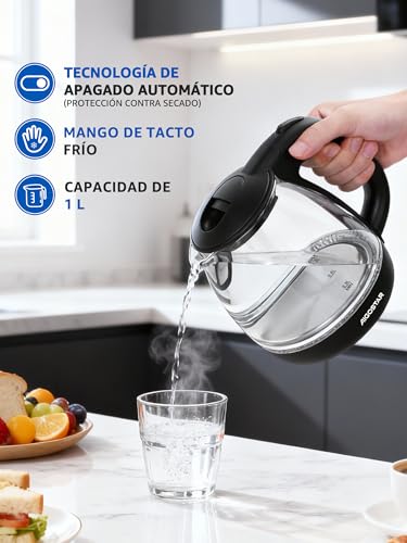 Miniatura 9 de Aigostar Elfin - Hervidor Agua Electrico 1 Litro, 2200w Hervidor De Agua Pequeño, Iluminación Led, Vidrio De Borosilicato, Rápida Ebullición, Libre De Bpa, Negro, Portátil Para El Hogar O Viajes