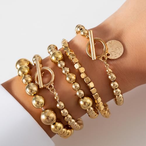 5Pcs Stack Gold Beaded Stretch Bracelets Set for Women Vintage Stackable OT Buckle Bangles Coin Disc Statement Bracelet Trendy Elastic Jewelry Gifts4