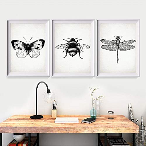 Toile papillon libellule pour décoration salon et pépinière triptyque mural 50x70cm ambiance nature