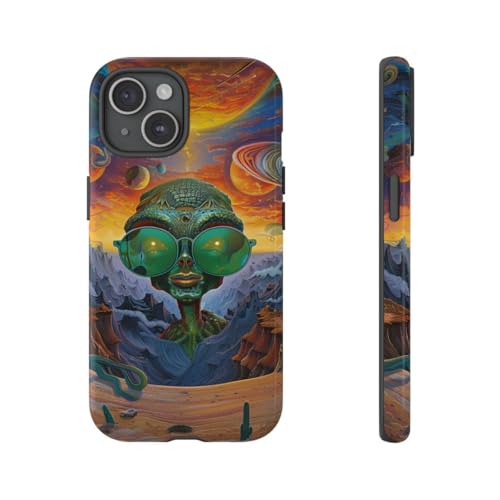 Coque rigide iPhone 15 alien vert et lunettes paysage spatial branché