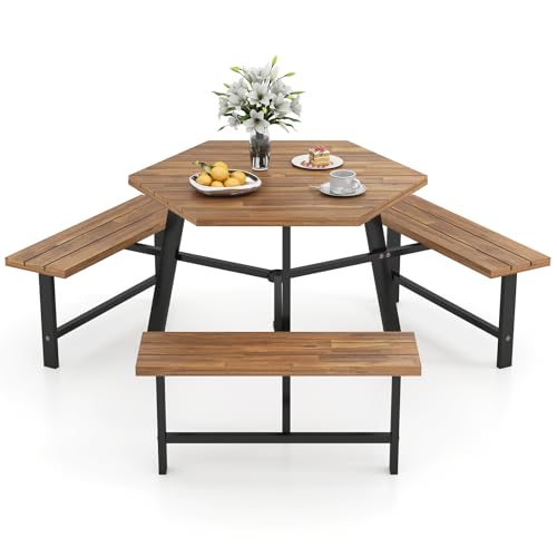 GOPLUS Salon de Jardin Exterieur 2 Personnes en Bois Acacia pour avec Pieds Réglables, Table de Pique-Nique & Banc à Cadre en Métal pour Terrasse & Jardin, Charge...