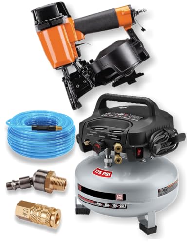 Fits PIERCE 15° PRC-RF Professional Coil Roofing Nailer with Fits FORTRESS 6 Gallon Air Compressor, 1/4 in. x 100 ft. Polyurethane Air Hose & Coupling Accessories