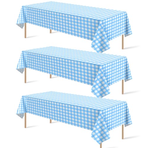 Image of 3Pack Light Blue and White Plastic Checkered Tablecloth, Premium Decorative Disposable Light Blue Gingham Plaid Tablecloth for Party, Rectangle Party Table Cover for Picnic Farm Birthday, 54x108 Inch