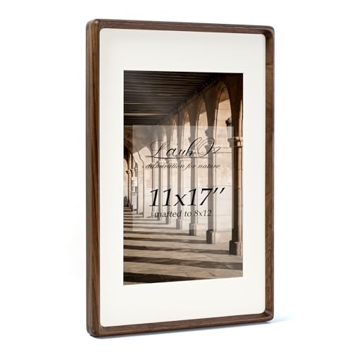 LAUBO2 Real Black Walnut Wood 11x17 Large Picture Frame with Reinforced Wood Back - Matted to 8x12 Wall & Tabletop Display Gift