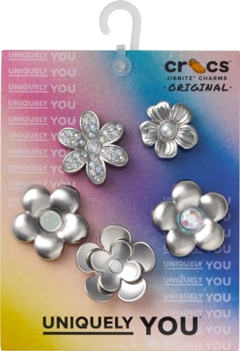 Image of Crocs Unisex Girls and Teens Cute Collection Multi Packs Monochrome Silver Flowers 5 Pack
