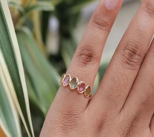 Natural Watermelon Tourmaline Ring for Women 925 Sterling Silver Oval Cut Pink & Green Multi-coloured Gemstones Stackable Band Ring, Birthstone, Promise Ring Jewelry Gift for Her3