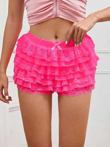 Image of Women Y2K Lace Multi-Layered Bloomers Lolita Ruffle Shorts Cute Mini Skirt | Tiered layers, elastic waist, pumpkin pants, for rave party /country concert /festival