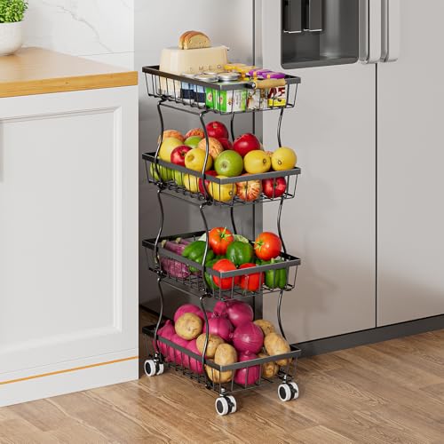 MJIMKE Stackable Fruit Vegetable Basket 4 Tier Kitchen Storage Rolling Cart