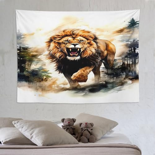 Tapisserie lion décoration salle séjour grand tissu mural suspendu