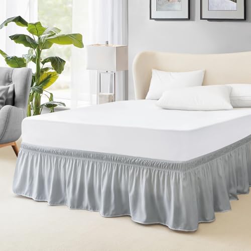 FreshCulture Elastic Wrap Around Bed Skirt - Queen Size Hotel Quality Dust Ruffle with 15-Inch Tailored Drop (Light Grey)