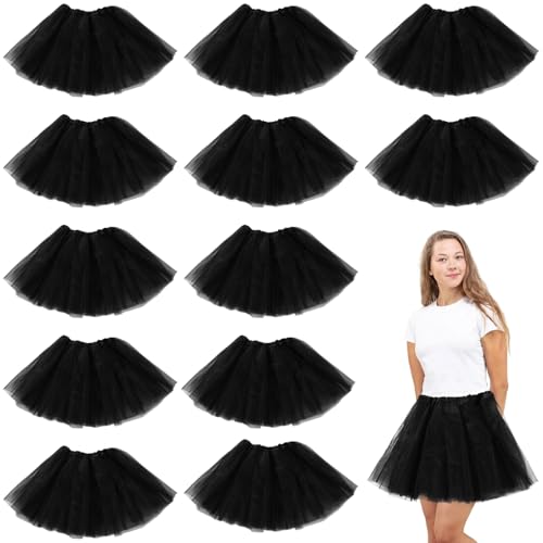 12 PCS Layered Black Tulle Tutu Skirt, 3-Layer Elastic Fluffy Ballet Skirt, Black Mesh Skirts for Halloween Costume, Dance Performance, Cosplay, Party, Daily Dress-Up, Length 15.7 in