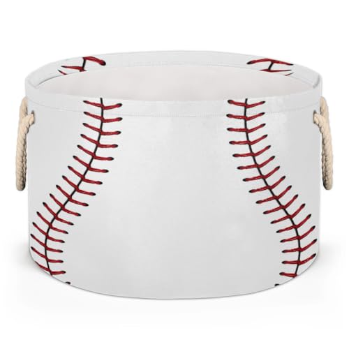 Baseball Lace Large Round Storage Basket Collapsible Circle Storage Bin Laundry Hamper With Handle for Kids Toy Blanket Dirty Clothes Towel Living Room Nursery Storage Organizer