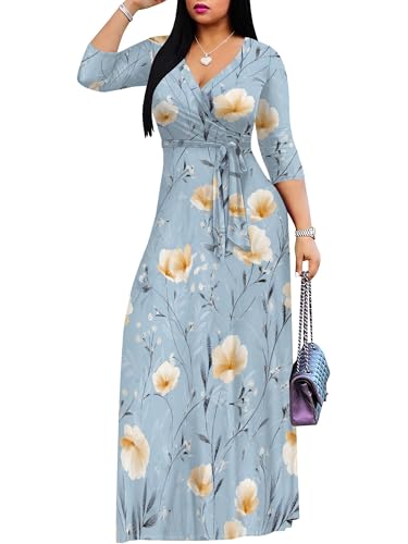 Image of Women's V Neck Floral Maxi Dress 3 /4 Sleeve Plus Size Boho Wrap Flowy Long Dresses with Belt