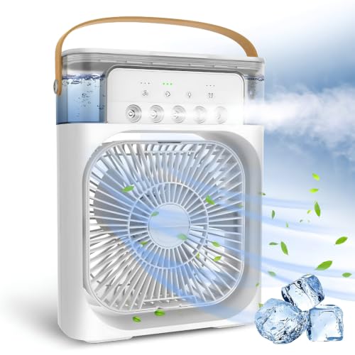 Masaüstü Taşınabilir Mini Klima; 600 ml Su Depolu, 5 Spreyli Hava Soğutucu Vantilatör, 3 Kademeli Hız, Renkli Led Işıklı, Zamanlayıcılı ve Parfüm Hazneli USB Mini Hava Nemlendirici