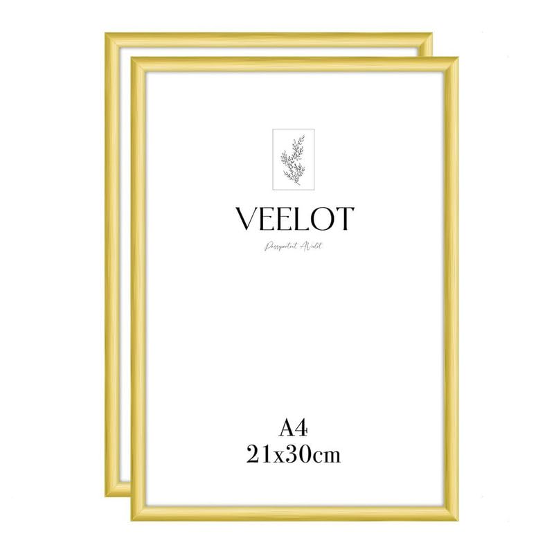 Veelot 2x Bilderrahmen DIN A4 21x29 7cm | Metall Aluminium Gold mat Zertifikatsrahmen 21x30cm mit bruchsicherem Acrylglas | Hoch- & Querformat zur Wandmontage schmales Profil