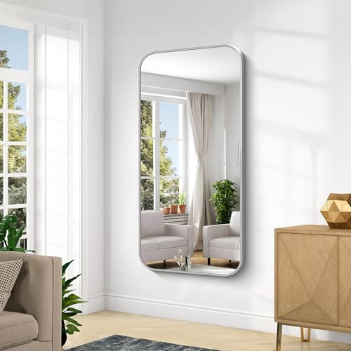 Image of KOCUUY Silver Bathroom Mirror, 60x30 Inch Large Bathroom Mirror for Over Sink, HD Tempered Glass, Anti-Rust Brushed Silver Frame, Rounded Corner Modern Design for Bathroom, Hang Horizontal /Vertical
