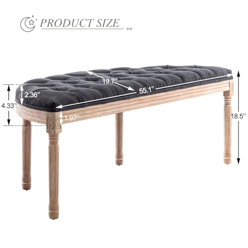 LZAREAL 55\" End of Bed Bench Vintage Half Moon Upholstered Fabric Semi-Circle Entryway Bench with Padded Seat & Wood Legs, Tufted Dining Bench for Dining Room Bedroom Living Room Hallway, Charcoal