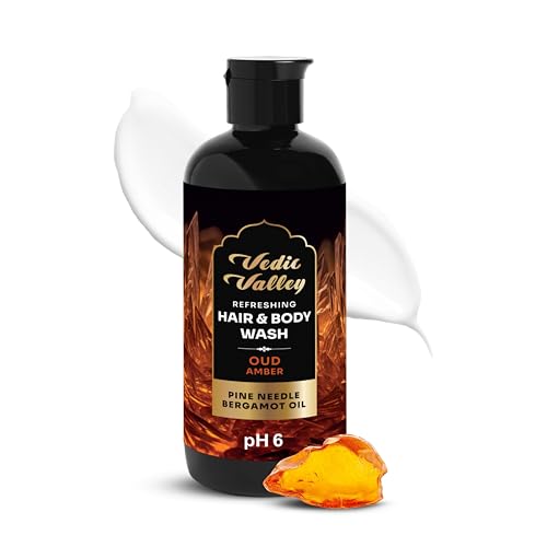 Image of VEDIC VALLEY Natural 3-in-1 Refreshing Oud Amber Hair & Body Wash for Dry skin | Paraben Free Shower Gel for Women & Men Helps Body Acne, Nourished Skin & Shiny Hair| 300 ml