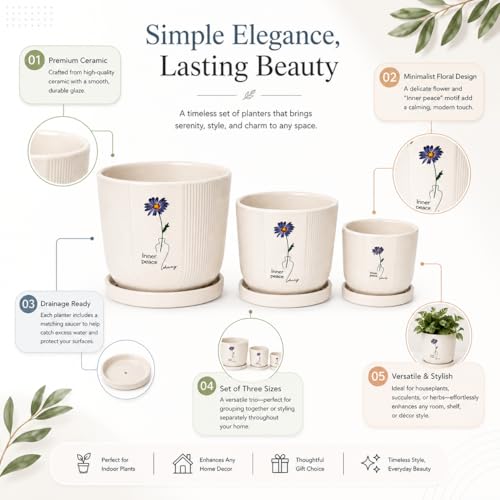 Image of Xtore Serene Floral Ceramic Planter Set with Drainage Saucers | Decorative Planter Pots for Living Room & Contemporary Plant Display (Set of 3, Ivory Beige - Planters only)